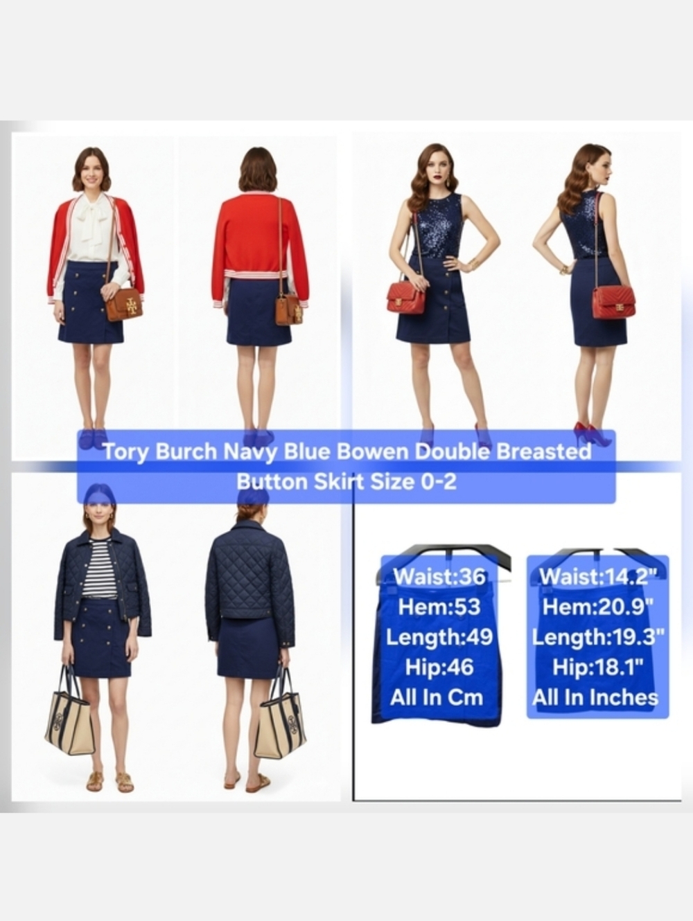 Tory Burch Navy Blue Bowen Double Breasted Button Skirt Size 0-2